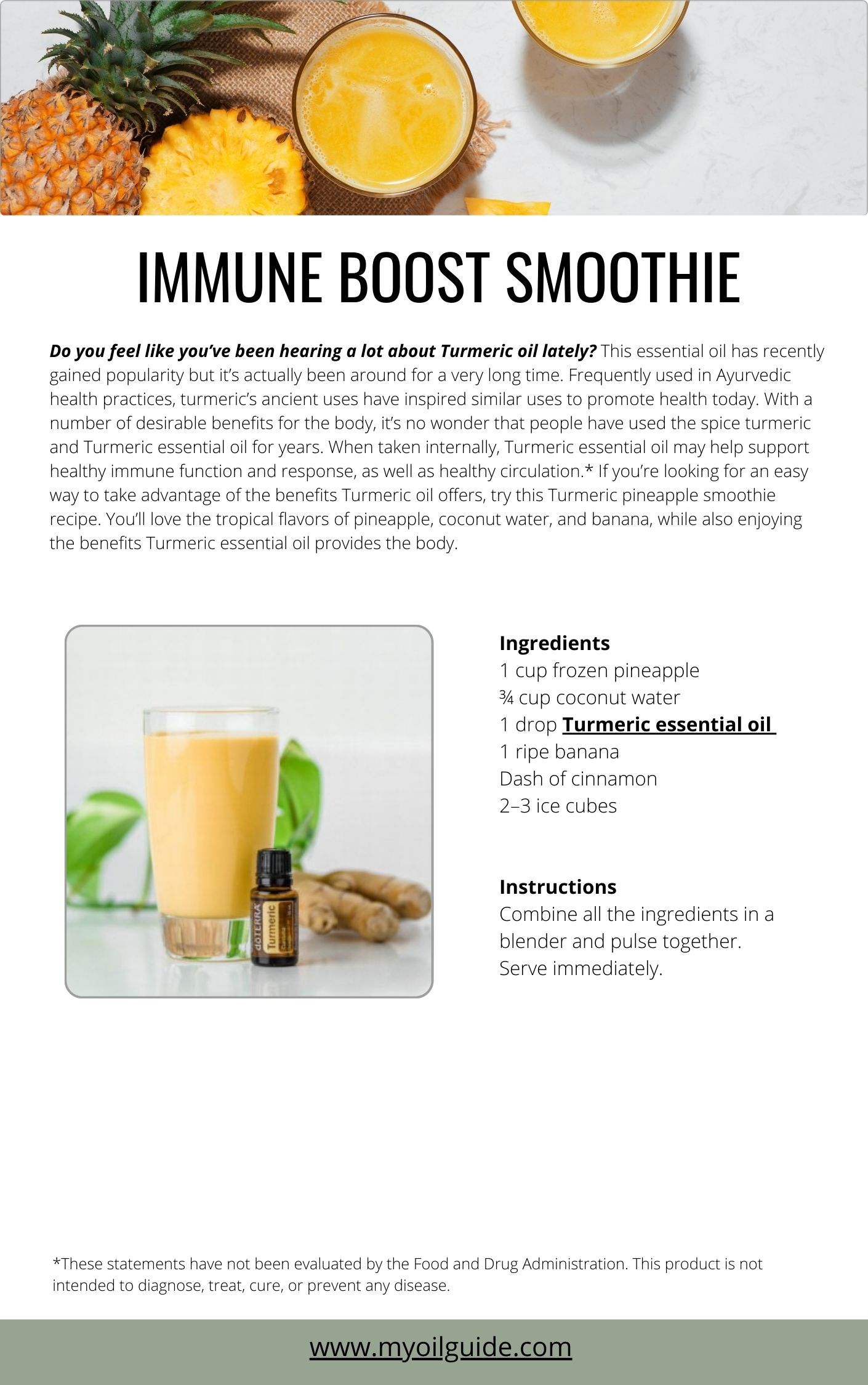 Immune support smoothie with pineapple and turmeric essential oil